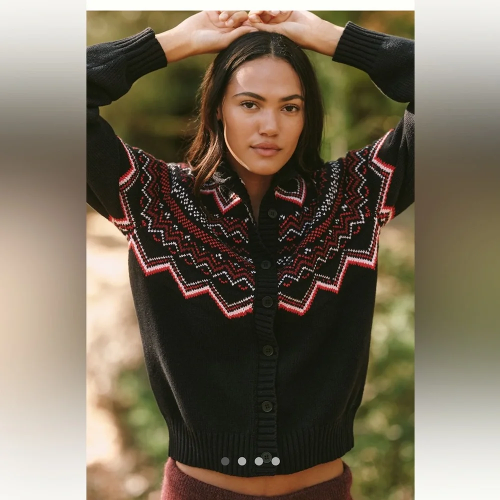 NWT Anthropologie x Beach Riot Black Red Fair Isle Sweater Cardigan Size Small